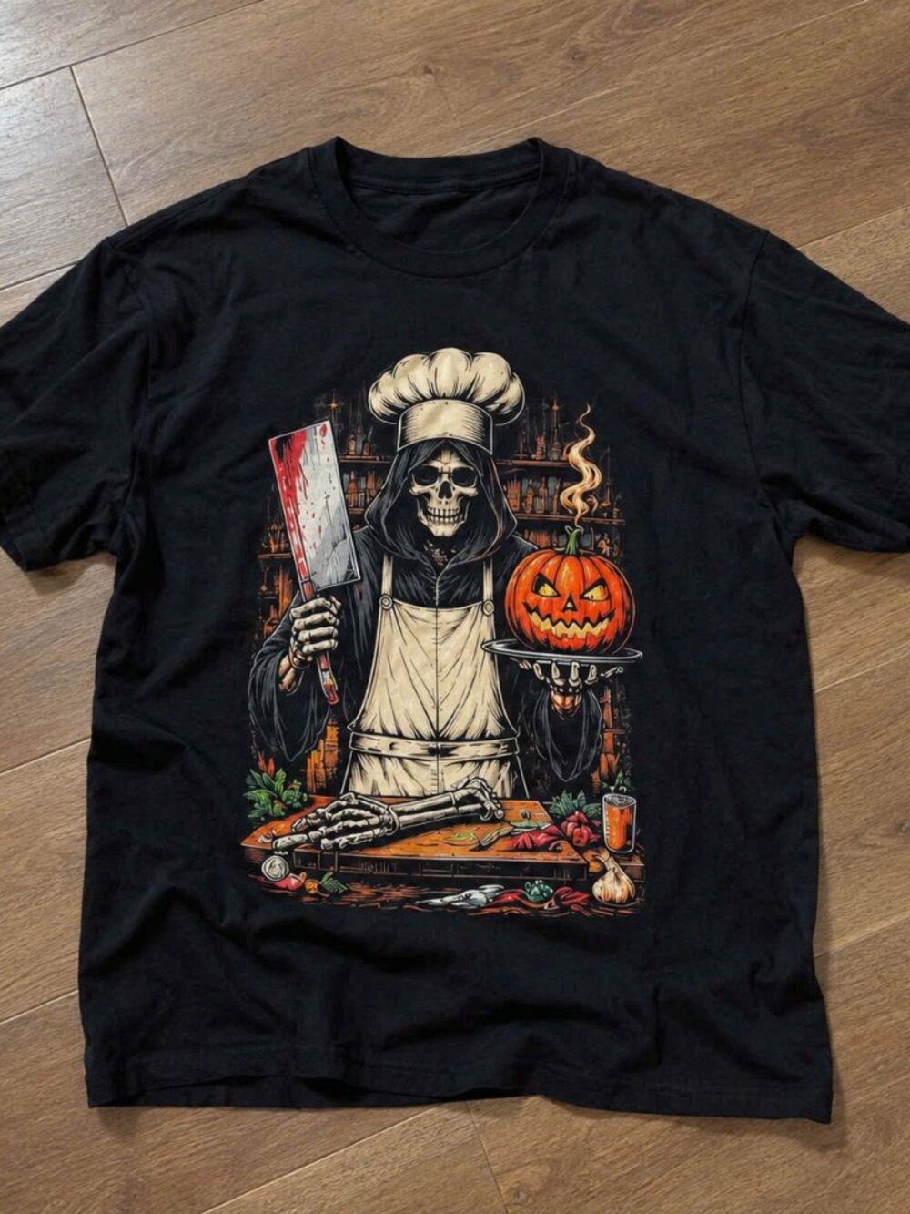 Grim Reaper Chef Skeleton Halloween PumPkin Horror Black Graphic T-Shirt
